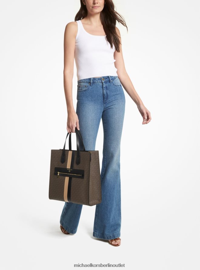 Zubehör de Michael Kors Frauen Kempner-Einkaufstasche mit großem Logo und Streifen schwarz/kamel 404V221084
