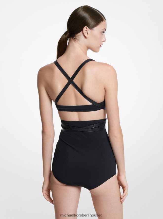 Kleidung de Michael Kors Frauen Kollektion aus Krepp-BH und Slip-Bikini mit Lederbesatz Schwarz 404V223742
