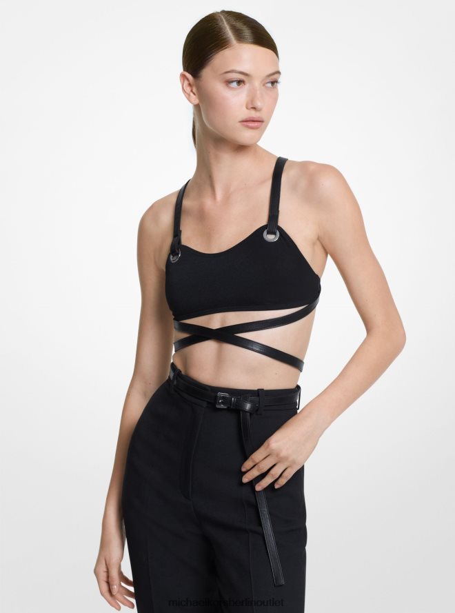 Kleidung de Michael Kors Frauen Kollektion aus Krepp-BH und Slip-Bikini mit Lederbesatz Schwarz 404V223742