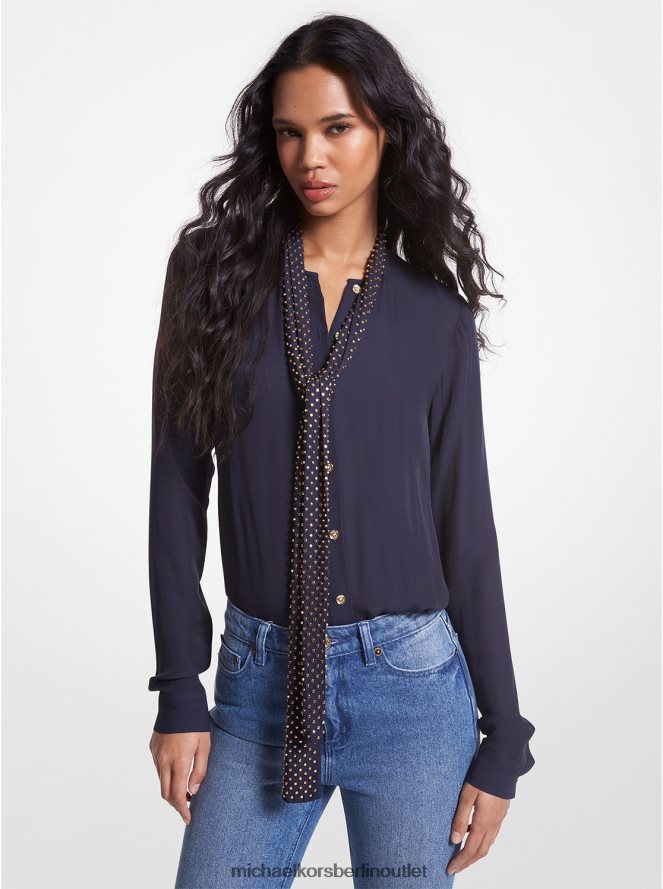 Kleidung de Michael Kors Frauen Astor-Bluse aus Georgette mit Nieten und Bindekragen Mitternachtsblau 404V22370