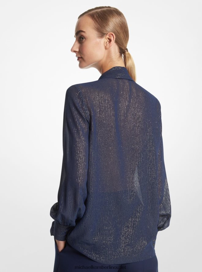 Kleidung de Michael Kors Frauen Gestreifte Bluse mit Bindekragen aus Seidenmischung aus der Kollektion Marine/Gold 404V223556