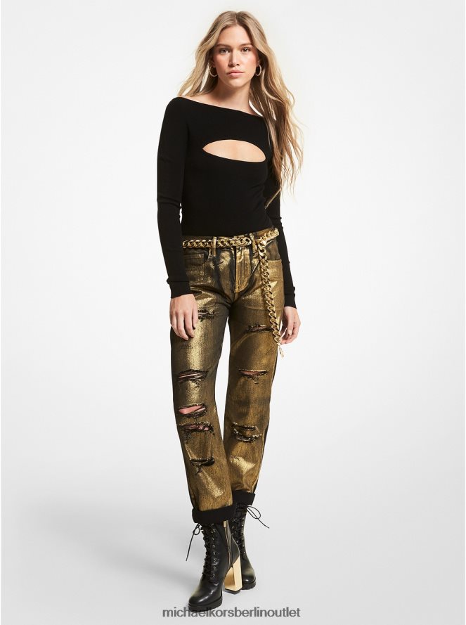 Kleidung de Michael Kors Frauen Gerippter Body mit Cut-outs aus Merinowollmischung Schwarz 404V22462