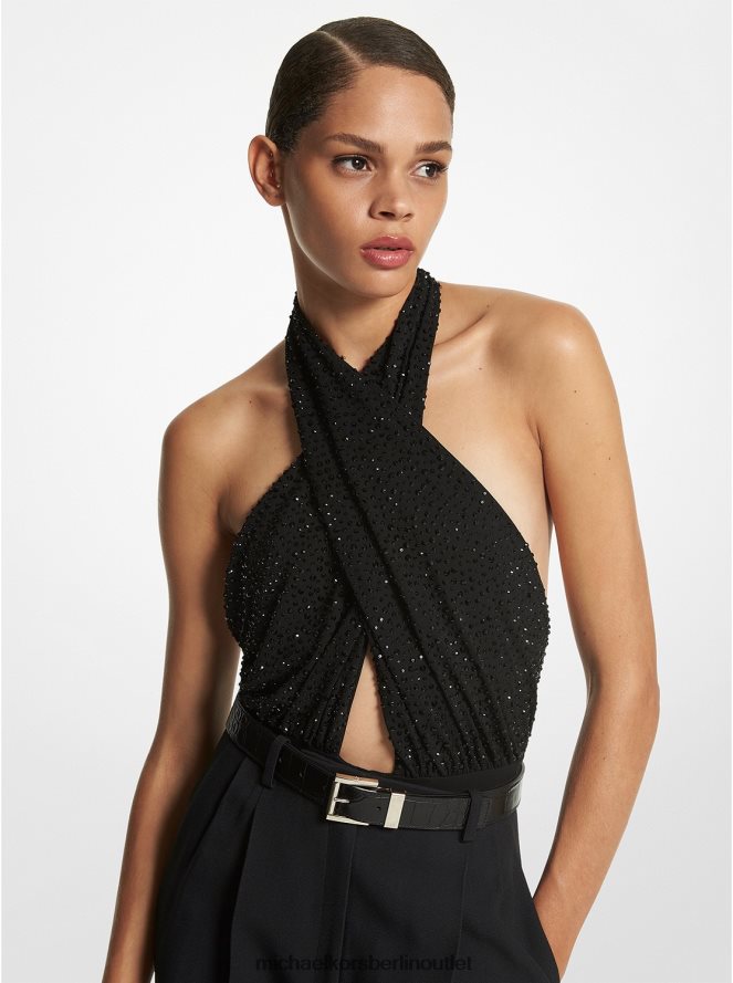Kleidung de Michael Kors Frauen Handbestickter Body aus Stretch-Jersey mit Kristallen aus der Kollektion Schwarz 404V223592