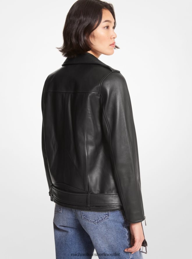 Kleidung de Michael Kors Frauen Bikerjacke aus Leder mit Gürtel Schwarz 404V22219
