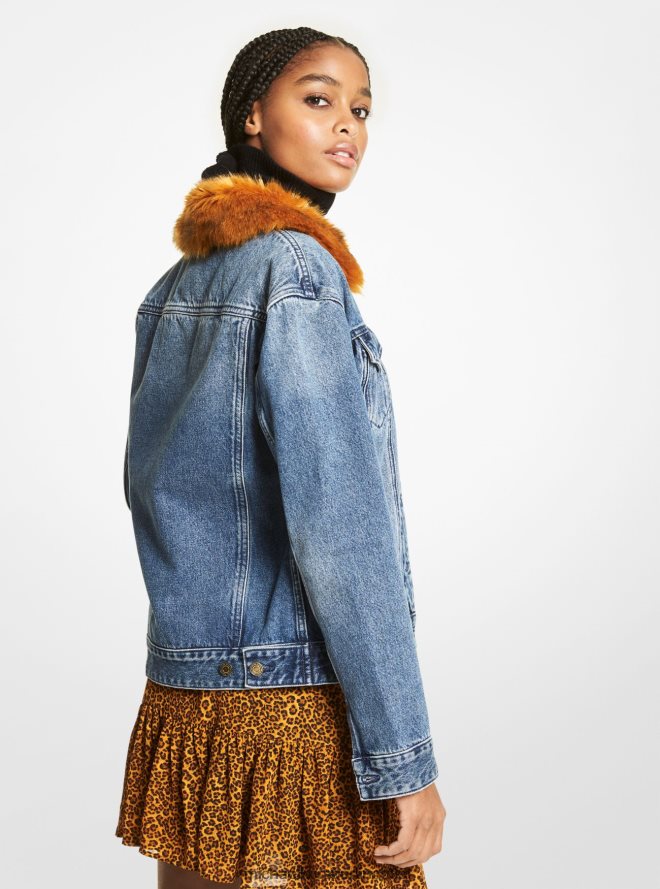 Kleidung de Michael Kors Frauen Jeansjacke mit Kunstfellbesatz dämmerungsblaue Waschung 404V22279