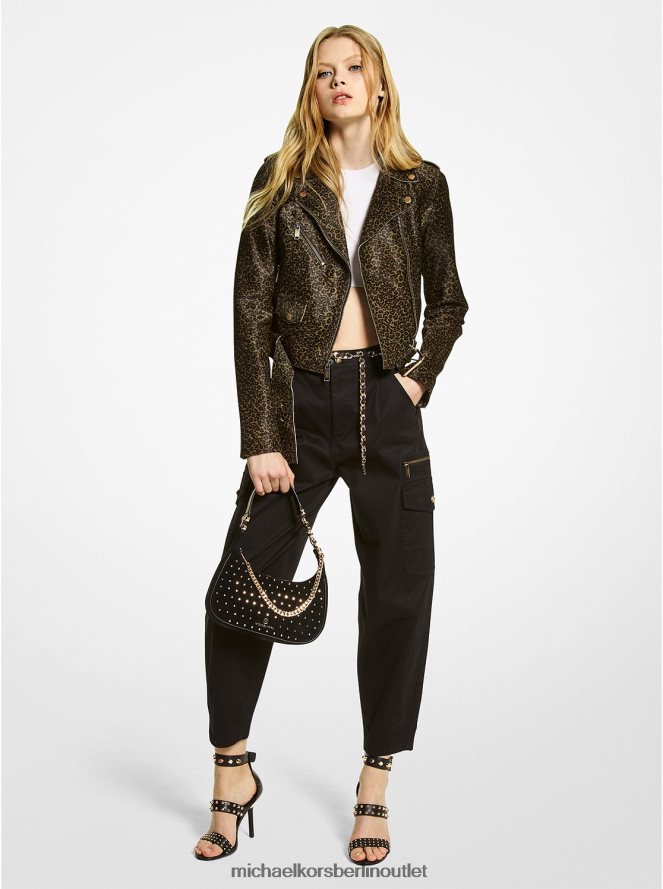 Kleidung de Michael Kors Frauen Motorradjacke aus Kalbshaar mit Leopardenmuster Olive 404V22302