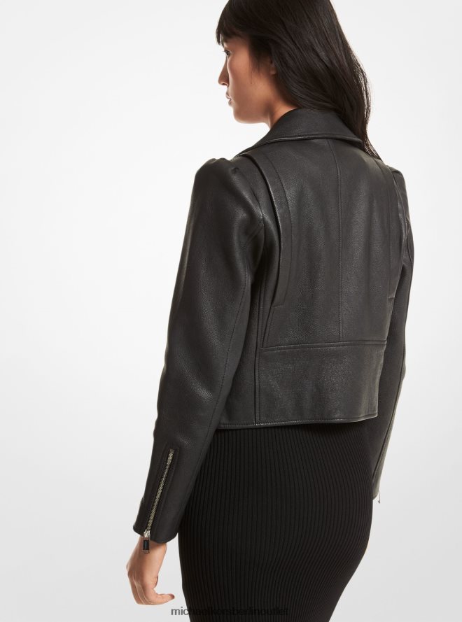 Kleidung de Michael Kors Frauen Motorradjacke aus genarbtem Leder mit Puffärmeln Schwarz 404V22261