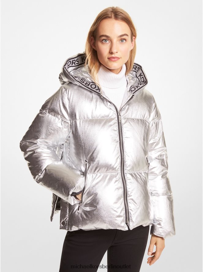Kleidung de Michael Kors Frauen Steppjacke mit metallischem Cire-Logoband Silber 404V22316