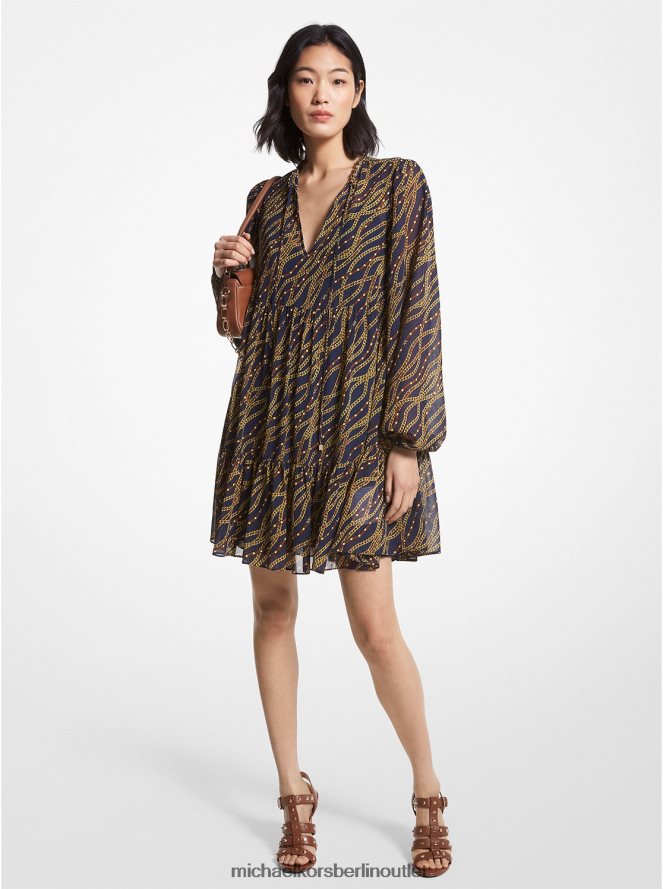 Kleidung de Michael Kors Frauen Babydoll-Kleid aus Georgette mit Status-Print Mitternachtsblau 404V2244