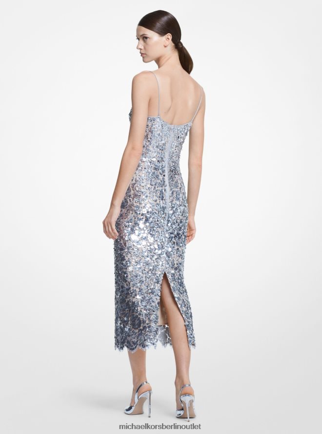 Kleidung de Michael Kors Frauen Handbesticktes Etuikleid mit floraler Pailletten-Spitze aus der Kollektion Silber 404V223612