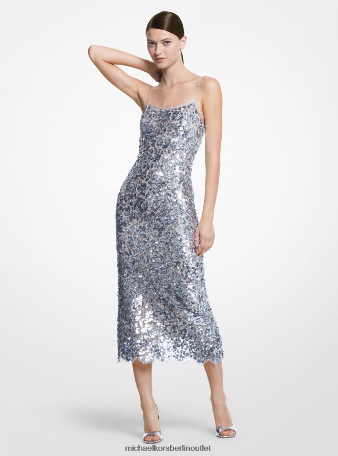 Kleidung de Michael Kors Frauen Handbesticktes Etuikleid mit floraler Pailletten-Spitze aus der Kollektion Silber 404V223612