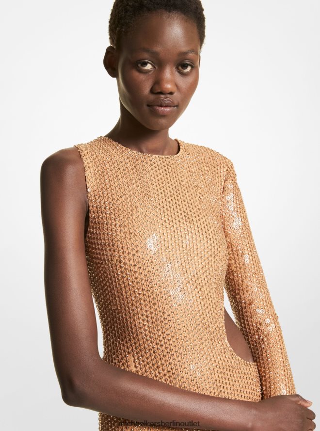 Kleidung de Michael Kors Frauen Handbesticktes, einärmliges Kleid aus Stretch-Cady aus der Kollektion Kamel 404V223634