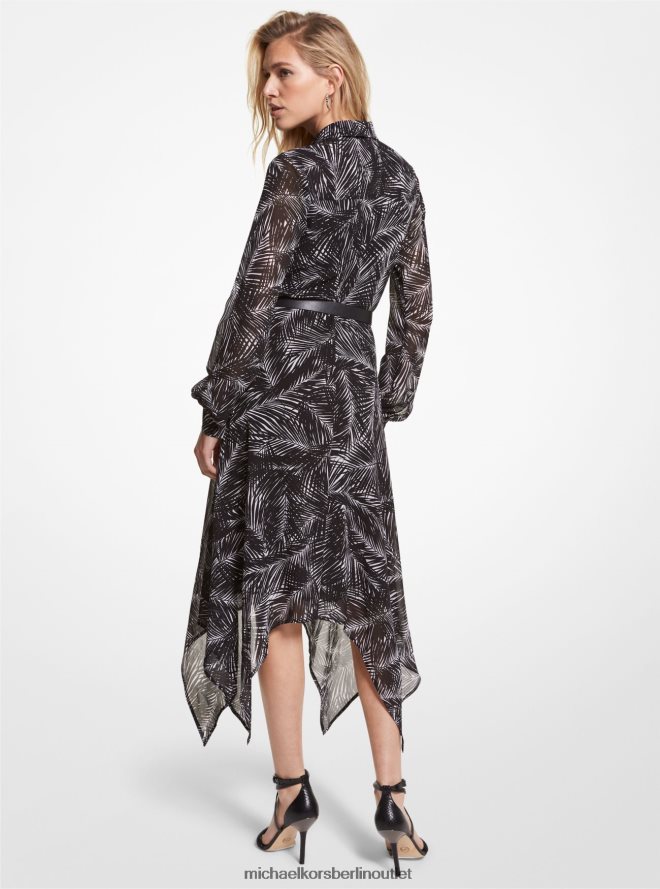 Kleidung de Michael Kors Frauen Hemdblusenkleid aus Palm-Georgette mit Einstecktuch weiß schwarz 404V22106