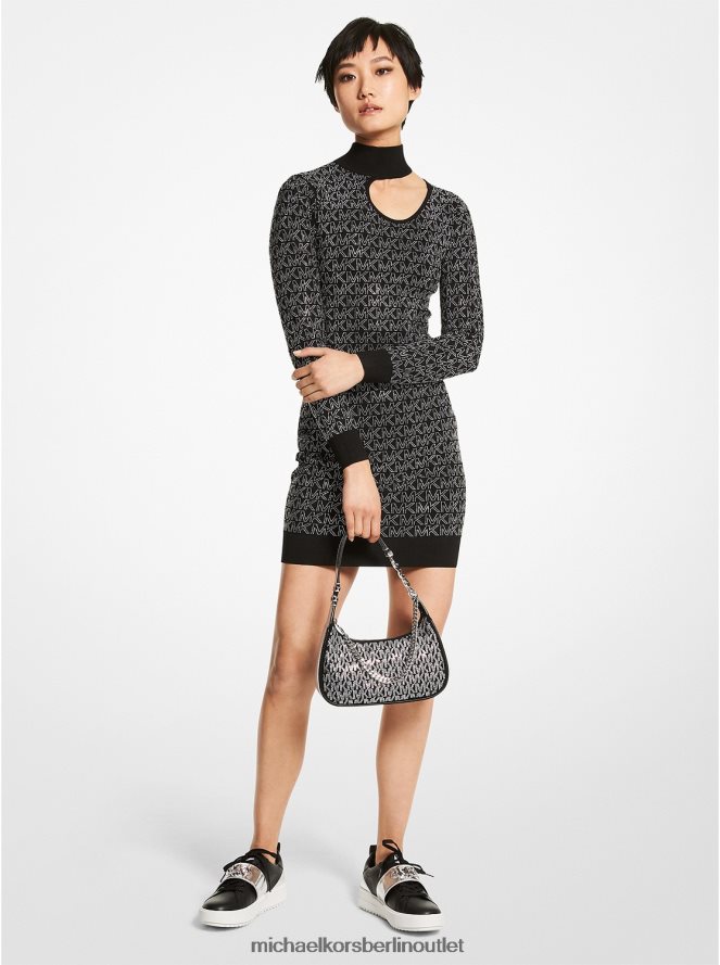 Kleidung de Michael Kors Frauen Kleid aus Stretch-Viskose mit Kristalllogo und Ausschnitten schwarzes Silber 404V22127