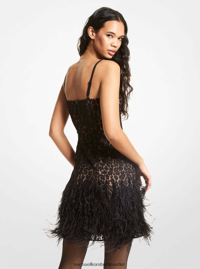 Kleidung de Michael Kors Frauen Kleid aus schnurgebundener Spitze mit Federverzierung Schwarz 404V22177