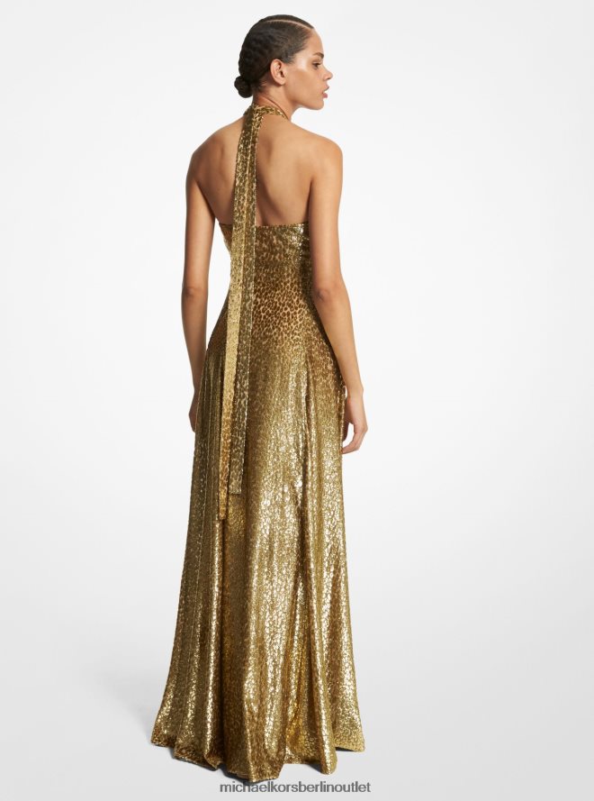Kleidung de Michael Kors Frauen Kollektion Leoparden-Metallic-Fil-Coupé-Neckholder-Kleid Gold 404V223449