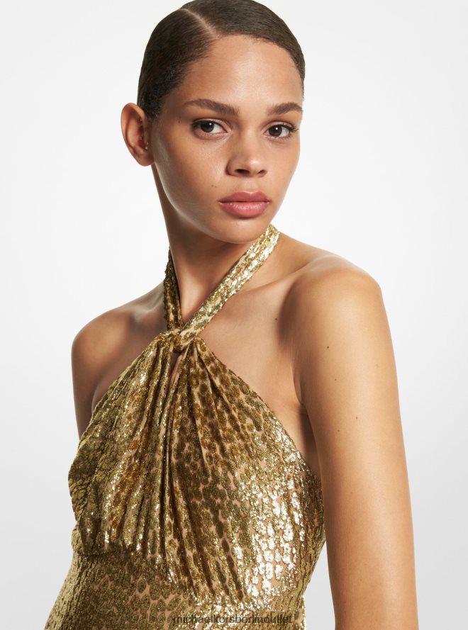 Kleidung de Michael Kors Frauen Kollektion Leoparden-Metallic-Fil-Coupé-Neckholder-Kleid Gold 404V223449