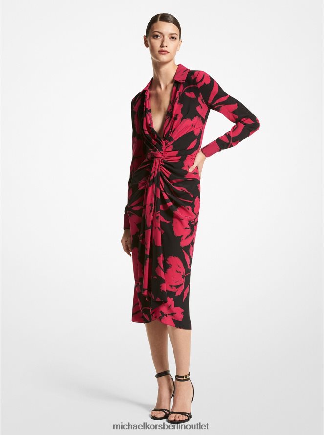 Kleidung de Michael Kors Frauen Kollektion Pinselstrich-Blumen-Hemdblusenkleid aus Crêpe de Chine aus Seide mit tiefem Ausschnitt fuchsia/schwarz 404V223516