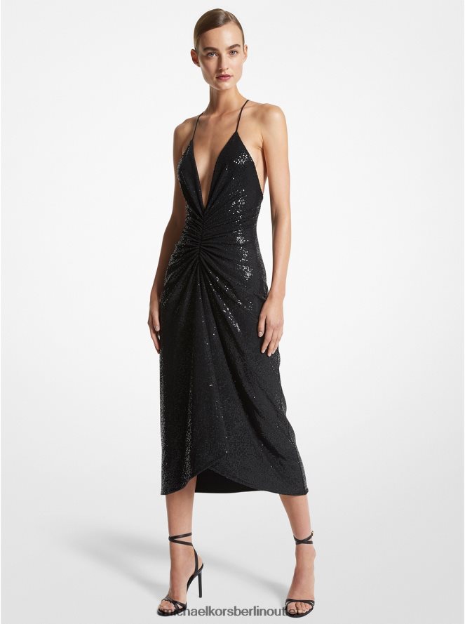 Kleidung de Michael Kors Frauen Kollektion handbesticktes Kaskadenkleid aus Stretch-Jersey mit Pailletten Schwarz 404V223386