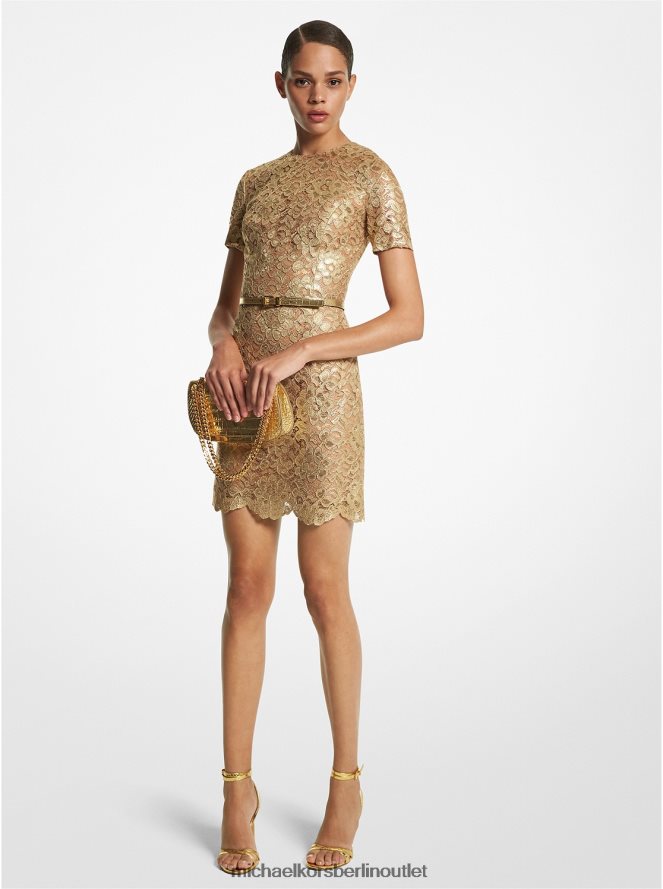 Kleidung de Michael Kors Frauen Kollektion metallisches Spitzenkleid Gold 404V223453