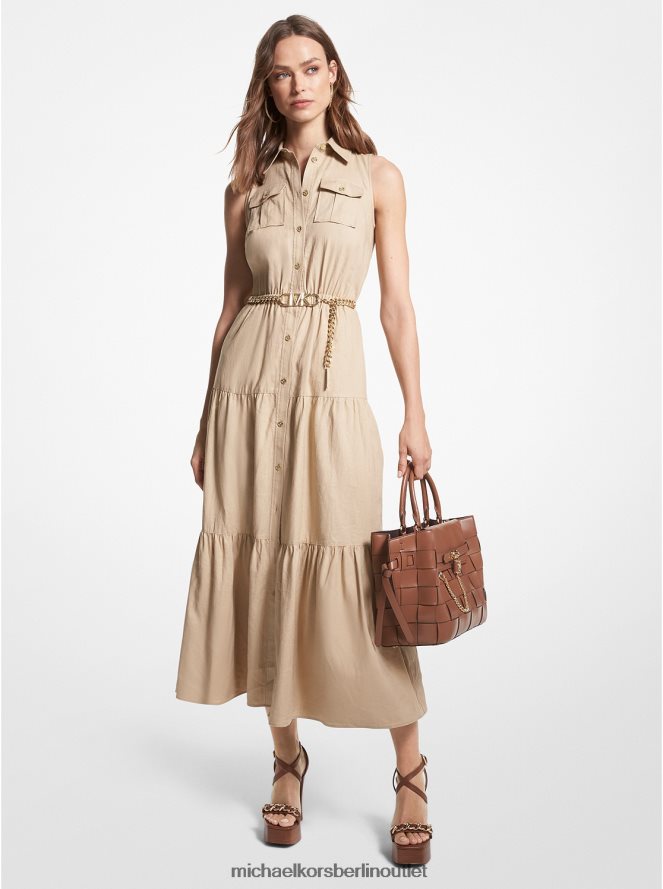 Kleidung de Michael Kors Frauen Maxi-Hemdkleid aus geflammtem Leinengemisch khaki 404V2238