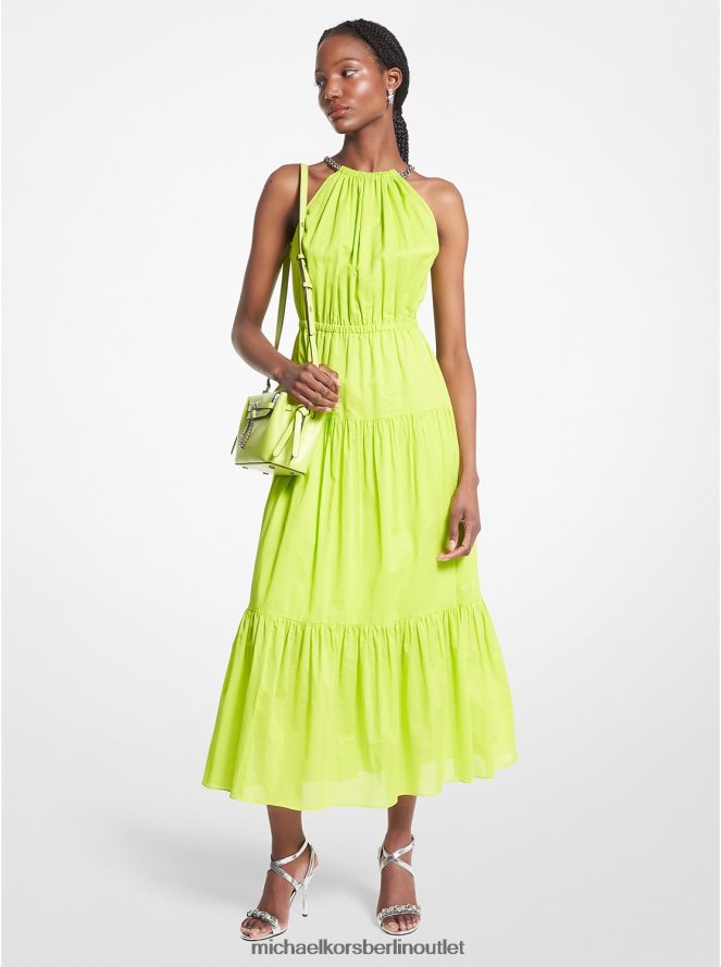 Kleidung de Michael Kors Frauen Midikleid aus Baumwollrasen mit Neckholder und Kette BRT Limeade 404V2265