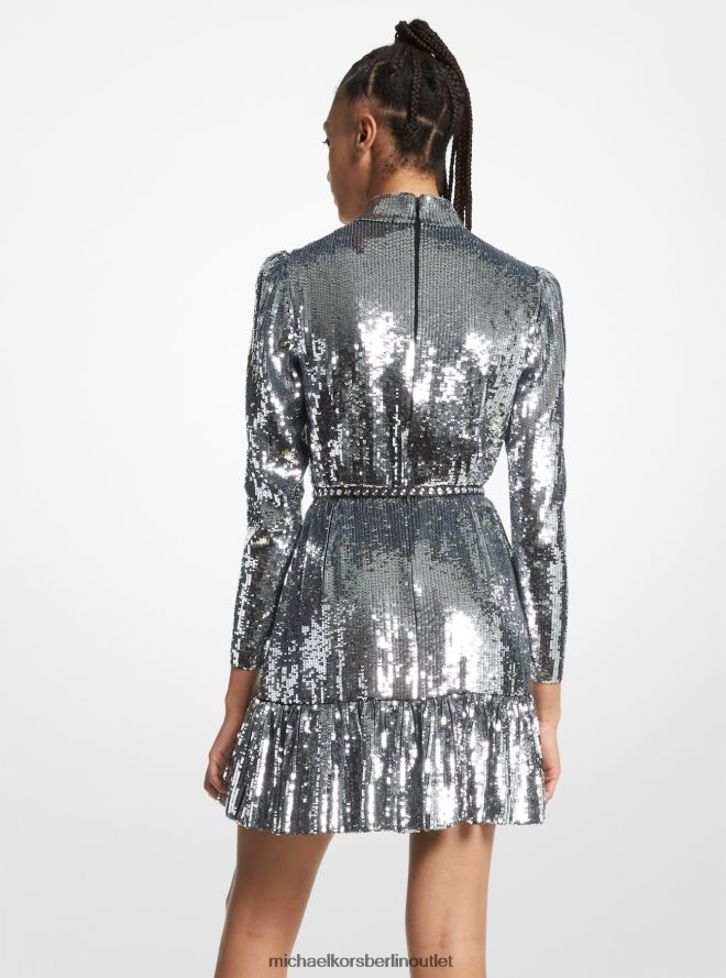 Kleidung de Michael Kors Frauen Rüschenkleid aus Georgette mit Pailletten Silber 404V22178