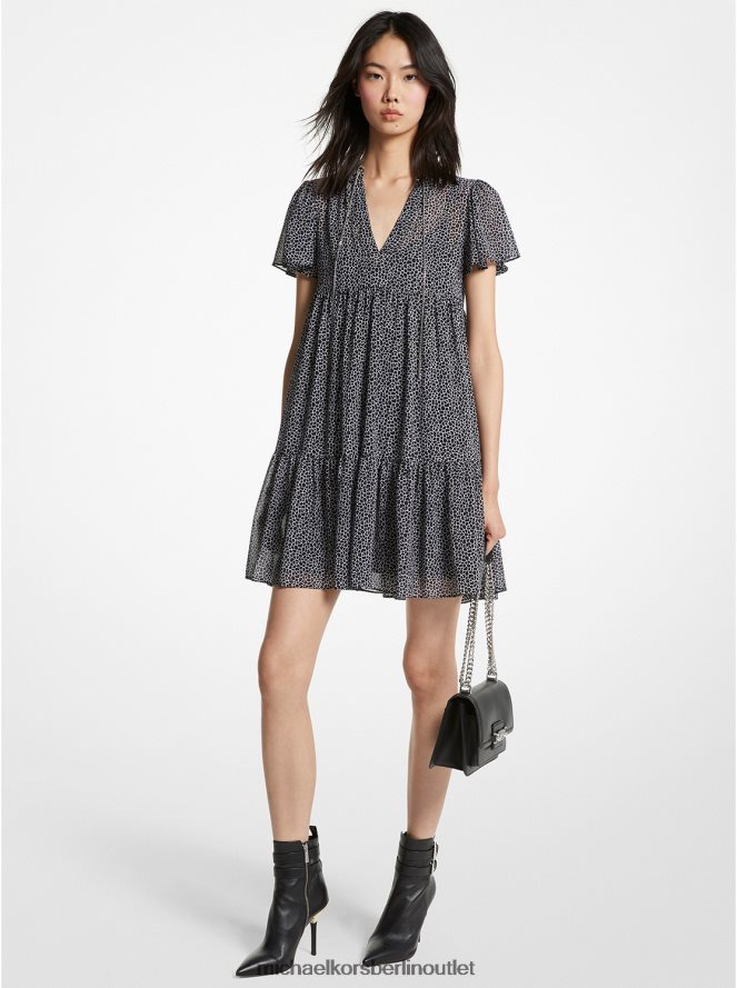 Kleidung de Michael Kors Frauen Stufenkleid aus Georgette mit Animal-Print Schwarz-Weiss 404V2286