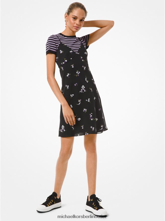 Kleidung de Michael Kors Frauen Unterkleid aus gecrashtem Georgette mit Blumenstickerei Schwarz 404V22188