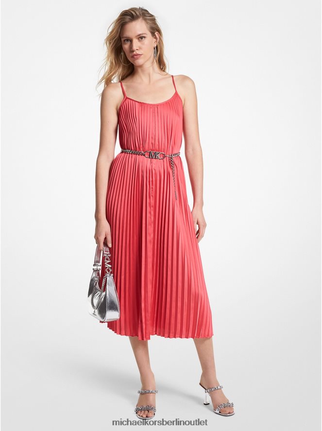 Kleidung de Michael Kors Frauen Unterkleid aus plissiertem Satin mit Gürtel Geranie 404V2278