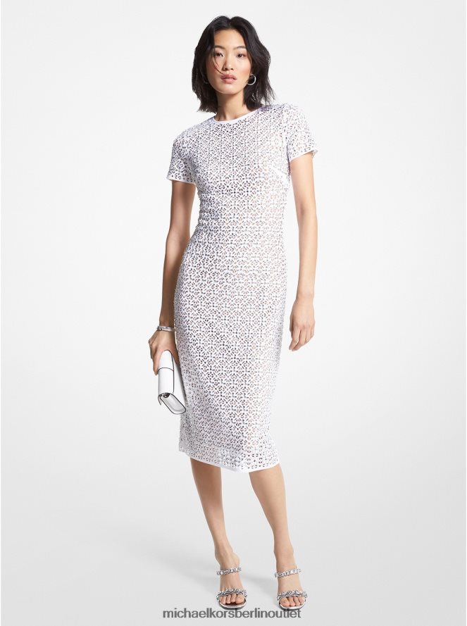 Kleidung de Michael Kors Frauen Verziertes, lasergeschnittenes Scuba-Kleid Weiß 404V2236