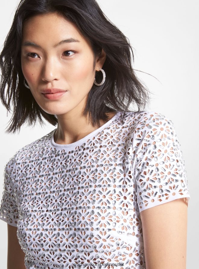 Kleidung de Michael Kors Frauen Verziertes, lasergeschnittenes Scuba-Kleid Weiß 404V2236