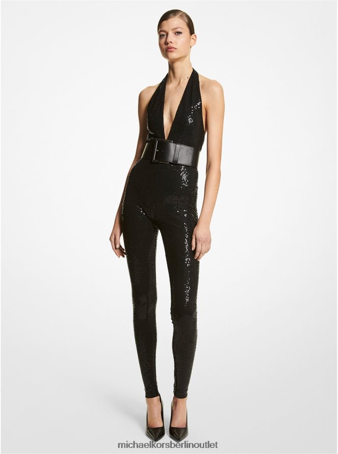 Kleidung de Michael Kors Frauen Kollektion: Catsuit aus mattem Stretch-Jersey mit handbestickten Pailletten und Pailletten Schwarz 404V223591