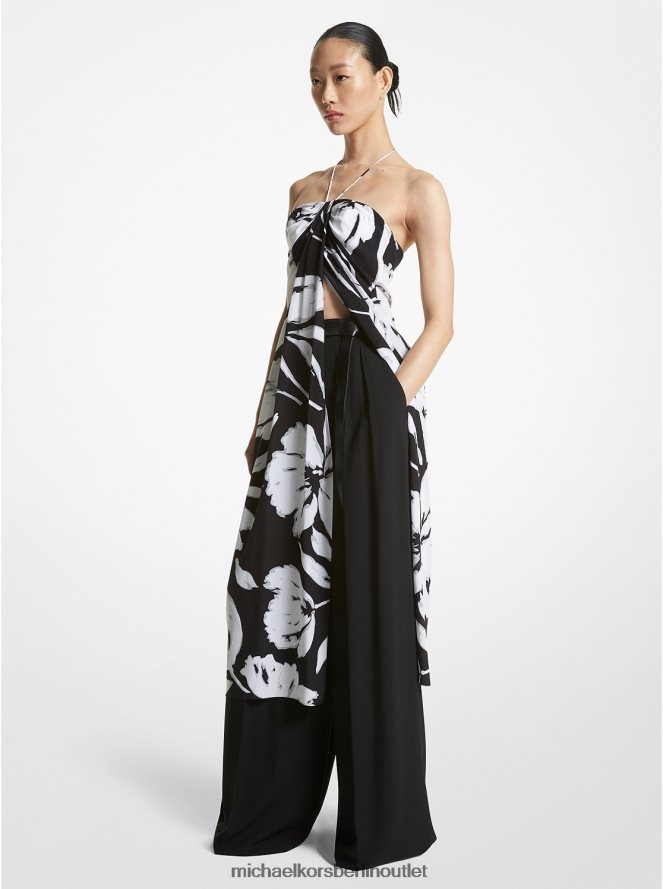 Kleidung de Michael Kors Frauen Kollektion Pinselstrich-Blumen-Sarong-Tunika aus Crêpe de Chine aus Seide weiß schwarz 404V223413