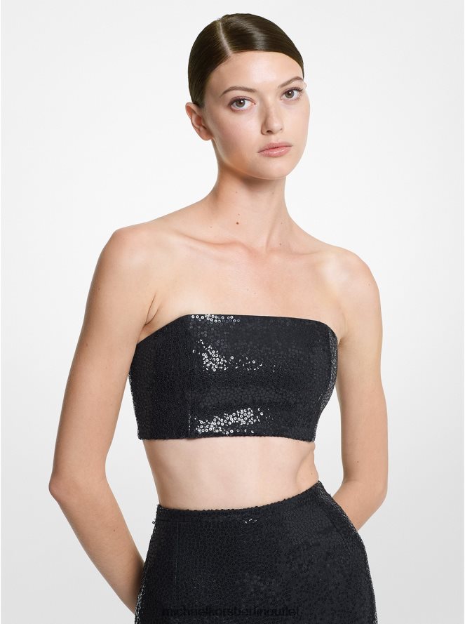 Kleidung de Michael Kors Frauen Kollektion handbesticktes Bandeau aus doppeltem Crêpe-Zobel mit Pailletten Schwarz 404V223663
