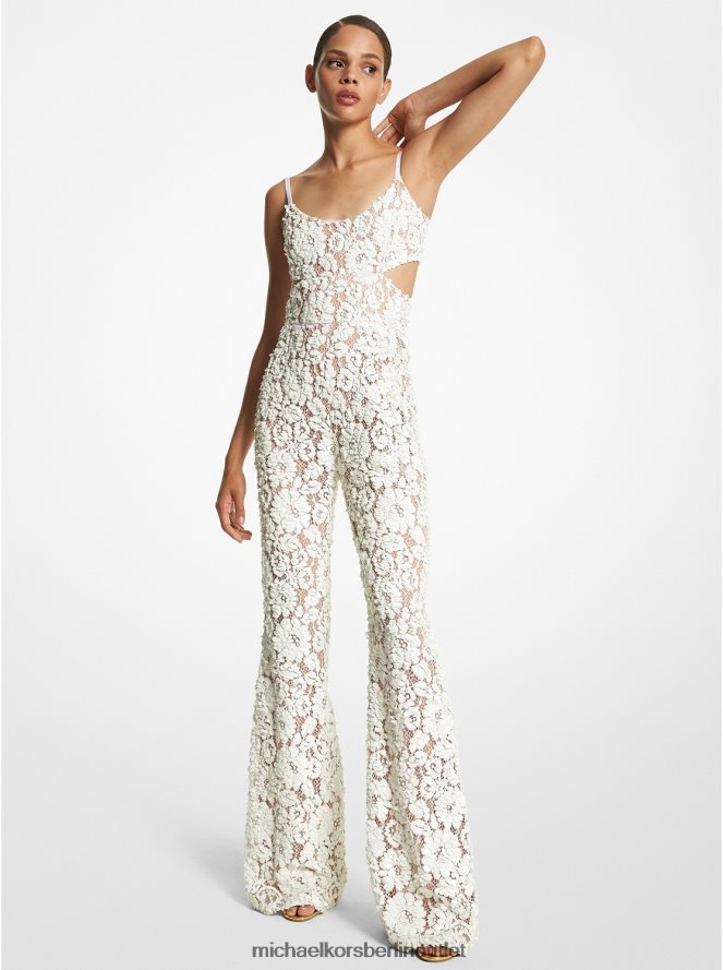 Kleidung de Michael Kors Frauen Handbestickter, ausgestellter Jumpsuit aus floraler Spitze mit Pailletten aus der Kollektion Optik weiß 404V223424