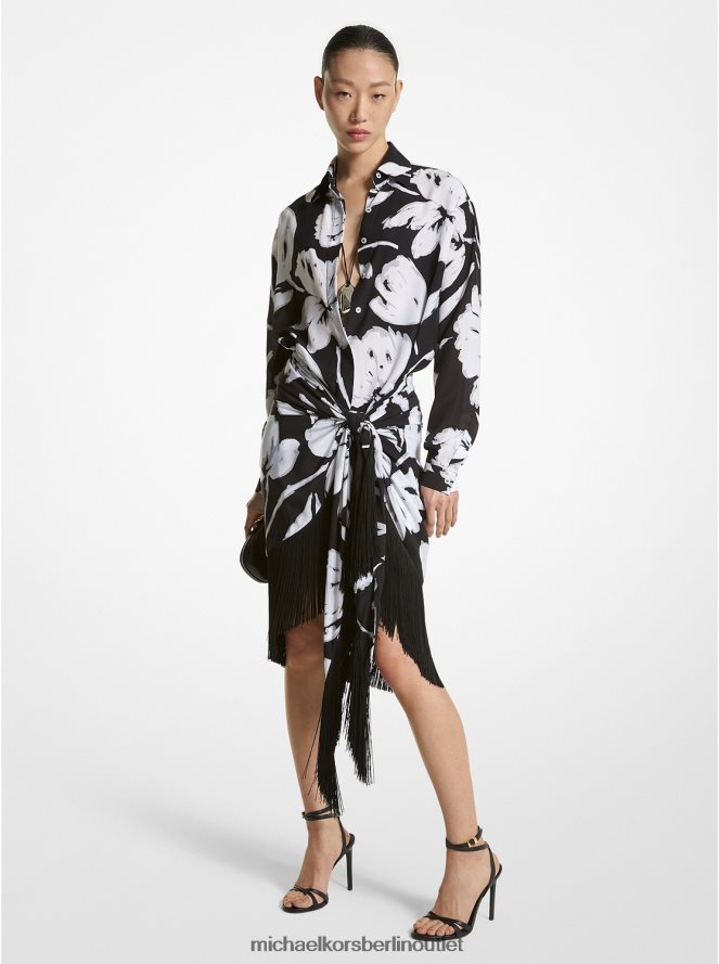 Kleidung de Michael Kors Frauen Kollektion Pinselstrich-Blumen-Sarongrock aus Crêpe de Chine aus Seide mit Fransen weiß schwarz 404V223415