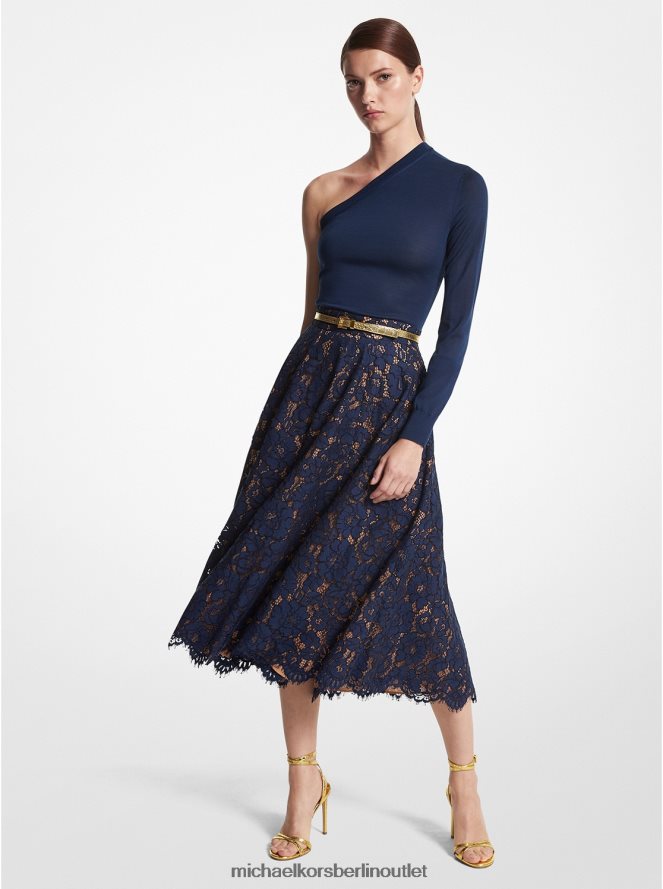 Kleidung de Michael Kors Frauen Kollektion: Tellerrock aus Baumwollmischung mit floraler Spitze Marine 404V223555