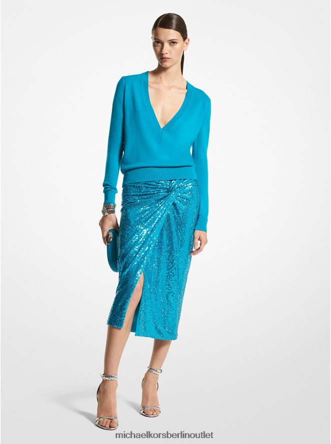 Kleidung de Michael Kors Frauen Kollektion handbestickter Pareo-Rock aus Stretch-Jersey mit Pailletten Türkis 404V223539