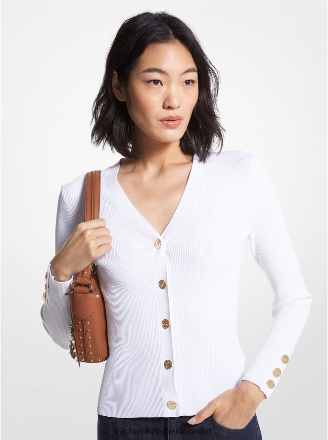 Kleidung de Michael Kors Frauen Strickjacke aus geripptem Stretch-Strick Weiß 404V22400