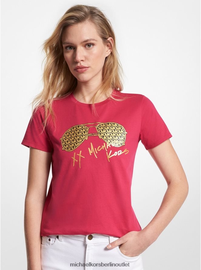 Kleidung de Michael Kors Frauen T-Shirt aus Bio-Baumwolle mit Metallic-Logo und Pilotenprint Karminrosa 404V22407