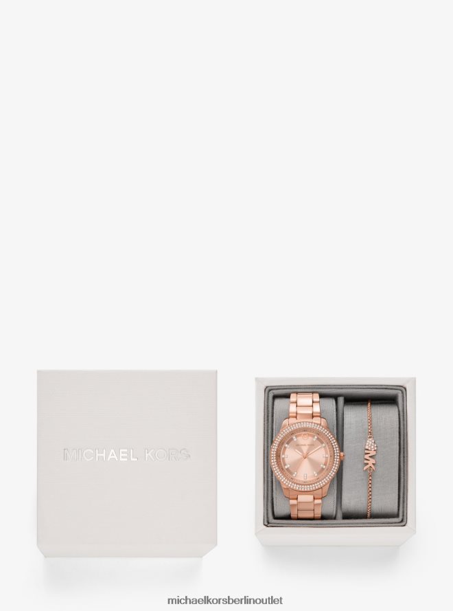 Schmuck de Michael Kors Frauen Mini-Tibby-Geschenkset mit roségoldfarbener Pavé-Uhr und Armband Roségold 404V222465