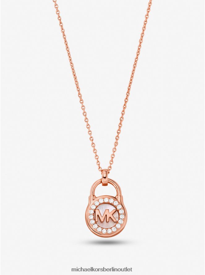 Schmuck de Michael Kors Frauen Halskette mit Vorhängeschloss aus Sterlingsilber mit Edelmetallbeschichtung und Pavé-Fassung Roségold 404V222513