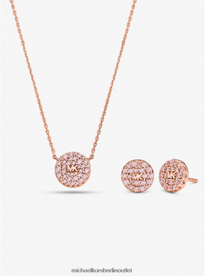 Schmuck de Michael Kors Frauen Set aus 14-karätig rosévergoldetem Sterlingsilber mit Pavé-Logo-Scheibenohrringen und Halskette Roségold 404V222493