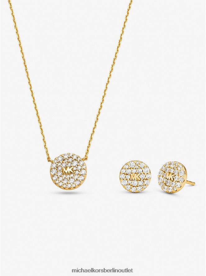 Schmuck de Michael Kors Frauen Set aus 14-karätig vergoldeten Sterlingsilber-Ohrringen und Halskette mit Pavé-Logo-Scheibe Gold 404V222492