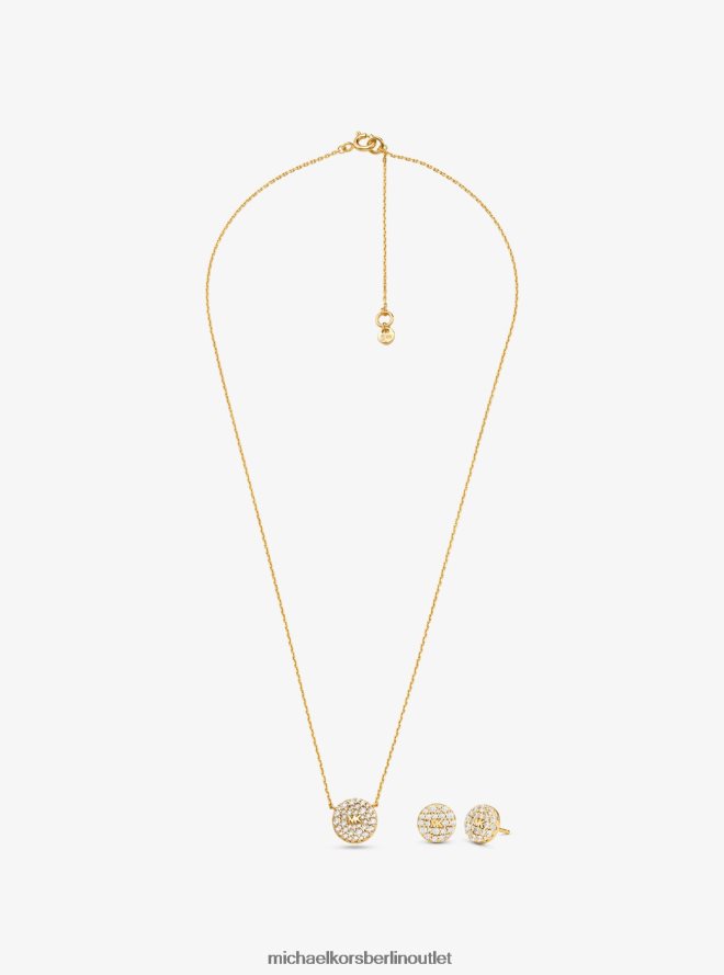 Schmuck de Michael Kors Frauen Set aus 14-karätig vergoldeten Sterlingsilber-Ohrringen und Halskette mit Pavé-Logo-Scheibe Gold 404V222492