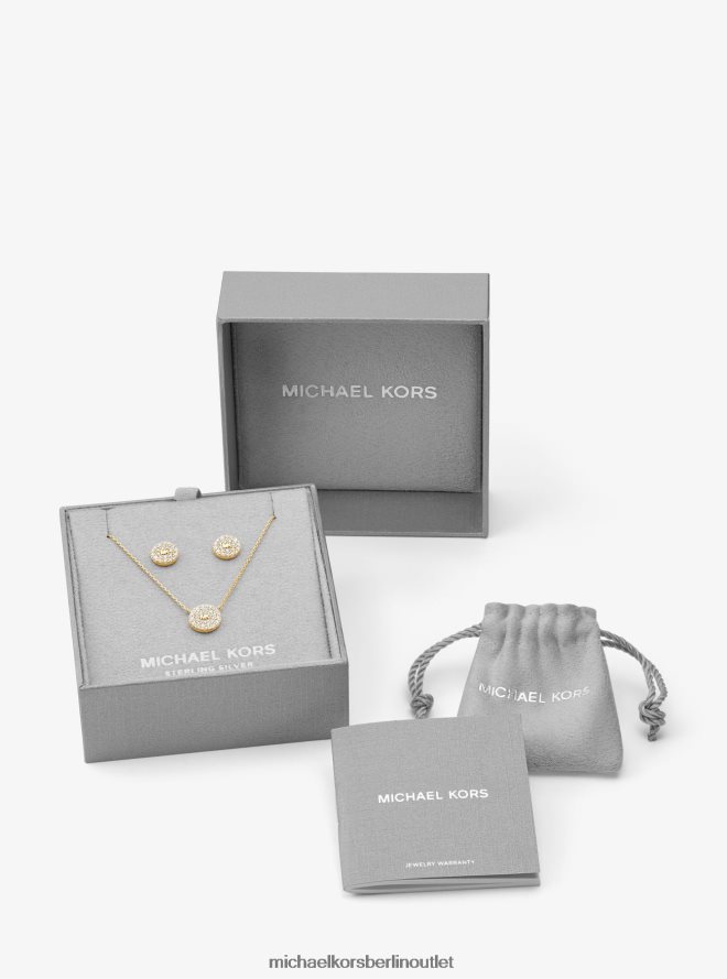 Schmuck de Michael Kors Frauen Set aus 14-karätig vergoldeten Sterlingsilber-Ohrringen und Halskette mit Pavé-Logo-Scheibe Gold 404V222492