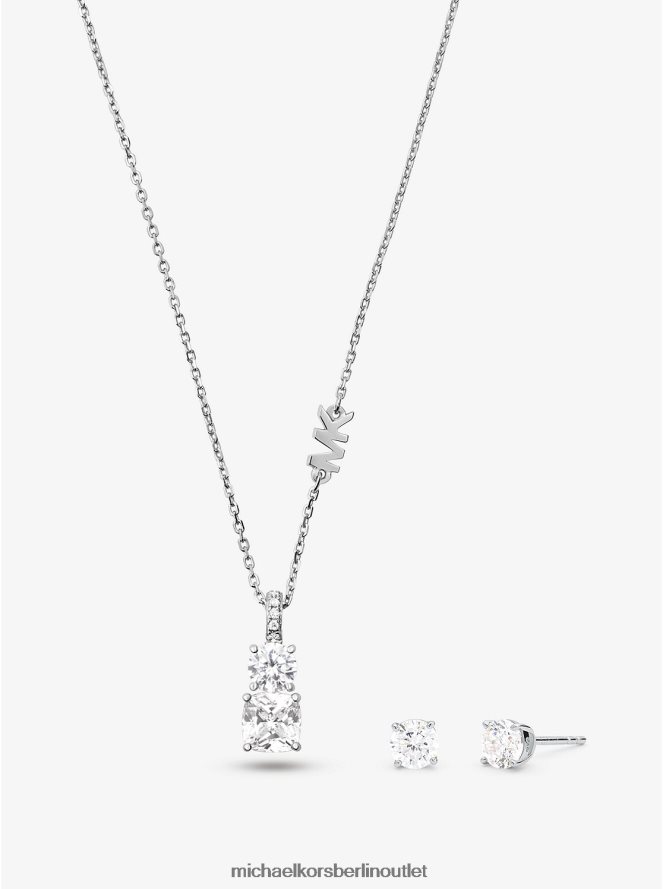 Schmuck de Michael Kors Frauen Set aus Halskette und Ohrsteckern aus edelmetallbeschichtetem Sterlingsilber mit Steinen Silber 404V222510