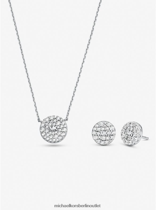 Schmuck de Michael Kors Frauen Set aus Ohrringen und Halskette aus Sterlingsilber mit Pavé-Logo-Scheibe Silber 404V222494