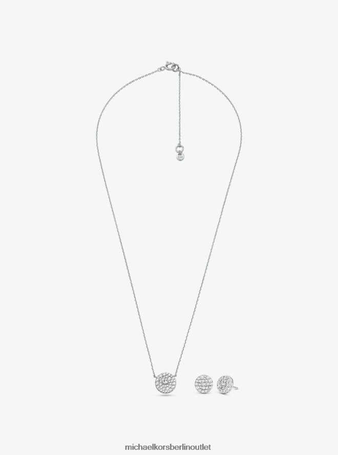 Schmuck de Michael Kors Frauen Set aus Ohrringen und Halskette aus Sterlingsilber mit Pavé-Logo-Scheibe Silber 404V222494